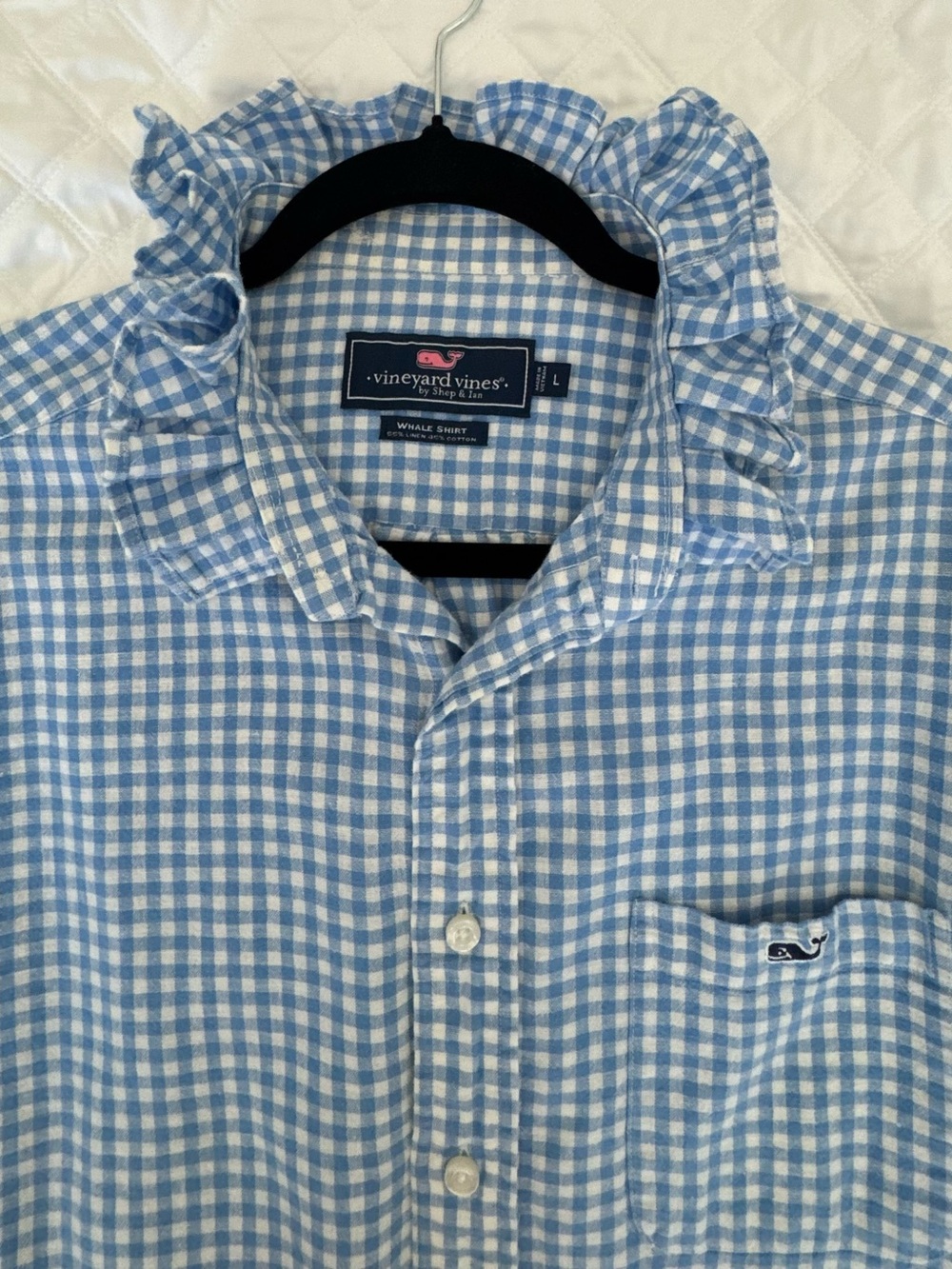 Vineyard Vines Blue and White Gingham Ruffle-Collar Button Shirt